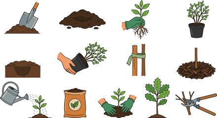 Gardening and Plant Care Collection Vector Illustration Featuring Tree Planting Watering Pruning and Soil Preparation Tools © Jahangir