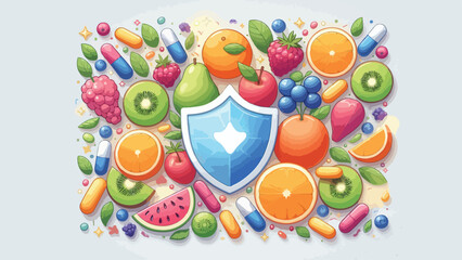 Fototapeta premium Immune System Protection Shield with Colorful Vitamin Fruit Supplement Capsule and Berry Healthy Lifestyle Illustration