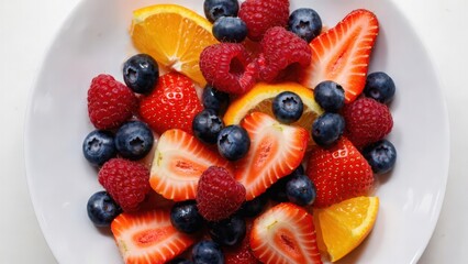 Obraz premium Macro close-up of a colorful fresh fruit tart topped with strawberries, raspberries, kiwi, blueberries, and glossy fruit glaze in professional food photography style.