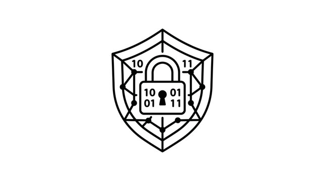Cybersecurity shield icon with lock and binary code