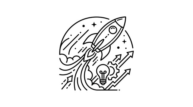 Rocket launch line art illustration with lightbulb and gear
