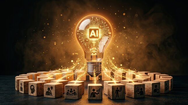 Glowing ai light bulb with wooden blocks representing people and ideas symbolizing innovation and technology