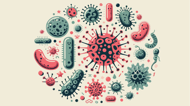 Retro Cartoon Virus Bacteria Parasite and Microbe Collection Pink and Green Flat Design Illustration