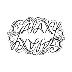 Fototapeta premium Galactic Script: An elegant, hand-drawn script spelling out GALAXY with swirling celestial motifs, stars, and nebulae, evoking a cosmic wonder.