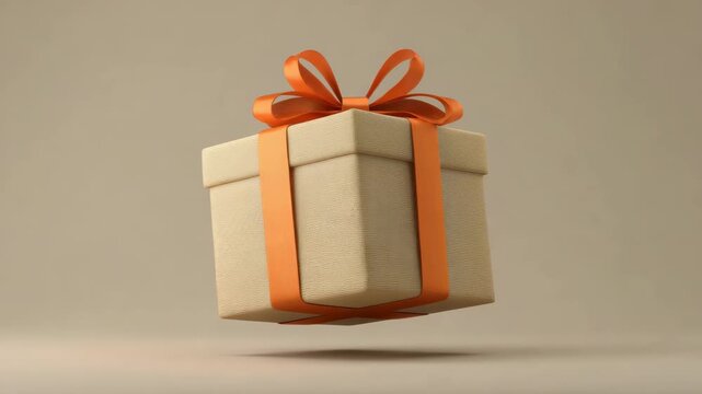 Gift box with orange ribbon and bow, beige package floating neutral background, floating gift box with orange ribbon beige background, gift box ribbon bow package present beige orange floating