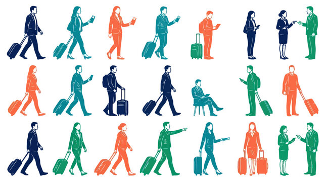 Flat Vector Illustration Set: Diverse Business Travelers, Passengers, Luggage, and Mobile Communication