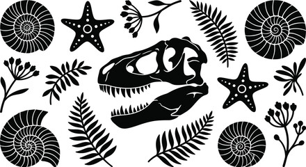 Black silhouettes of fossils plants and marine life on white background © Noyon