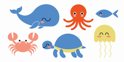 Cute cartoon sea animals collection with whale, crab, octopus, fish, turtle, and jellyfish characters on white background © Sadhin07