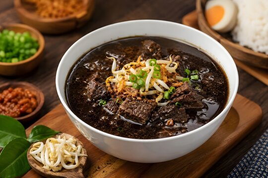 Rawon soup served in a white bowl with bean sprouts and fragrant herbs provides a hearty meal.