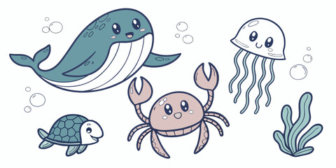 Kawaii hand drawn sea creatures collection in pastel blue and teal tones © Sadhin07