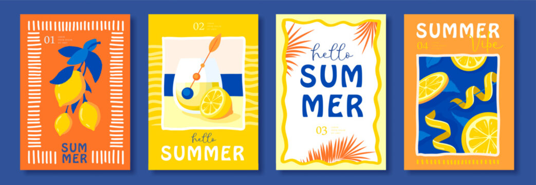Set of summer Italian posters or covers with tequila sunrise cocktail,  lemonade, lemons, frames and lemon zest. Vector illustration