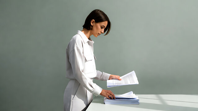 A focused office employee organizing paperwork against a light sage background.