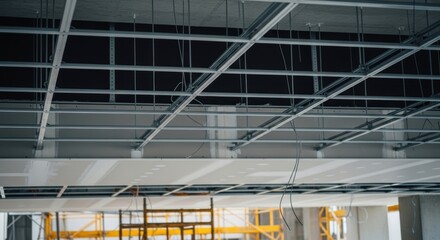 Obraz premium Ceiling framework installation with hanging wires in modern construction site