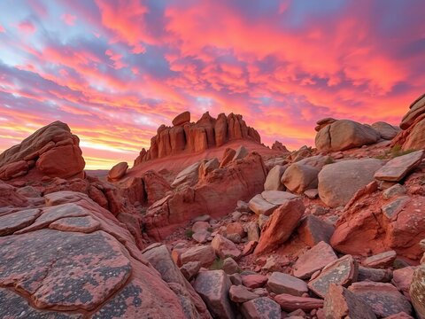 Rocky outcroppings stretch towards rust-red sky, geological, rugged
