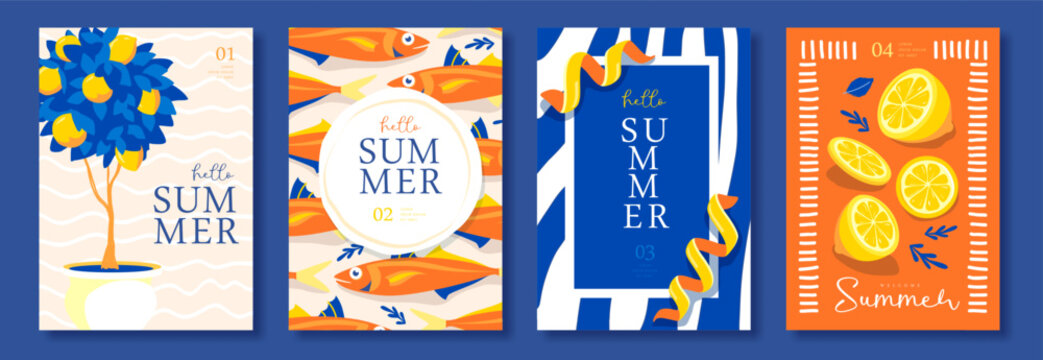 Set of summer Italian posters or covers with lemon tree, fish pattern, frames, lemon slices and zest. Menu design. Vector illustration