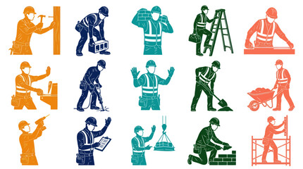 Obraz premium Construction Worker Icons: Builders, Tools, Safety Gear, Stock Vector Graphics