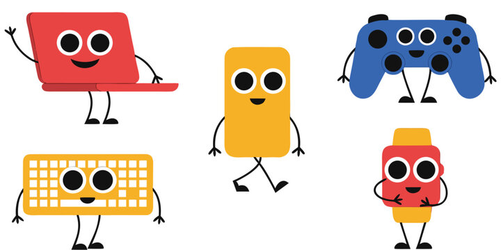 Cartoon electronic devices collection featuring colorful laptop gamepad smartphone keyboard and smartwatch characters on white background