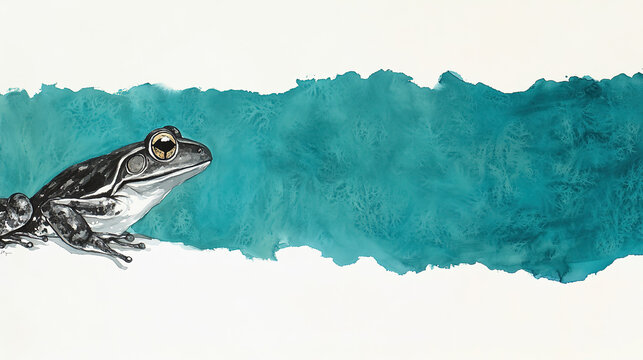 Teal background watercolor frog facing right wavy white foreground torn effect