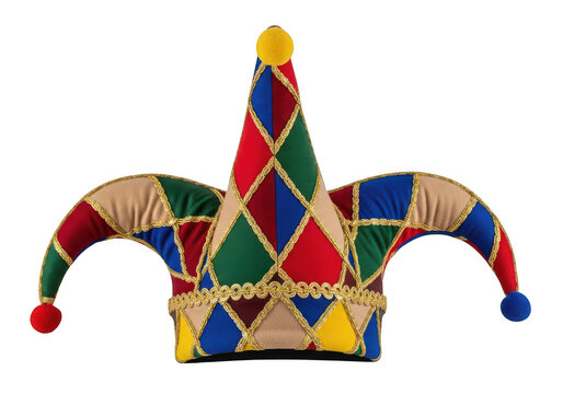 Colorful traditional jester hat with bells and vibrant patches isolated on transparent background png