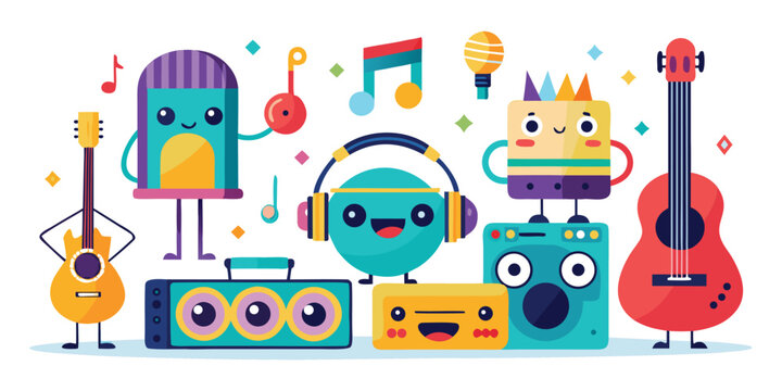 Musical equipment and instrument characters in flat style