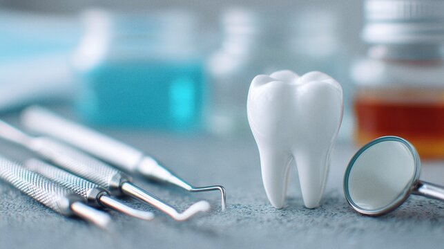 Dental hygiene concept with professional metal tools and a white molar model on a sterile blue surface, representing high quality stomatology services.