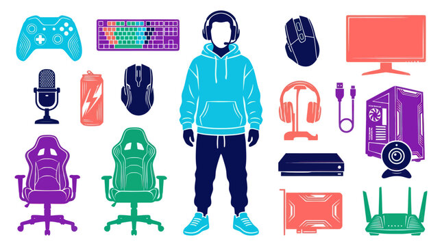 Gamer illustration with computer, accessories, and gaming chair in flat style