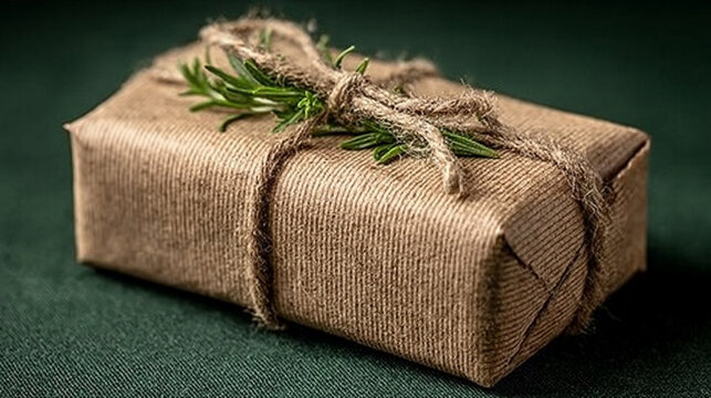 Handmade gift box wrapped in recycled brown paper with natural twine and rosemary sprig