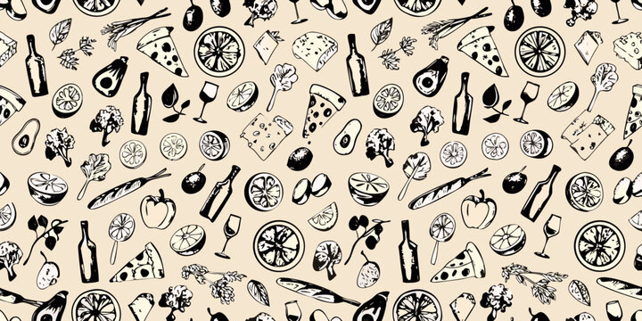 hand drawn italian food pattern seamless vector illustration