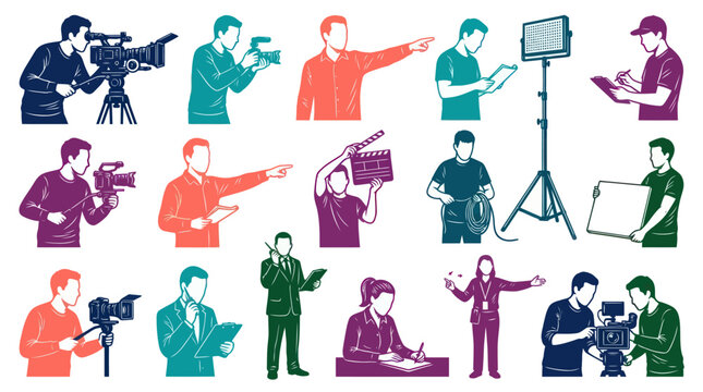 Professional Film and TV Production Crew Stylized Vector Illustrations - Filmmakers, Technicians