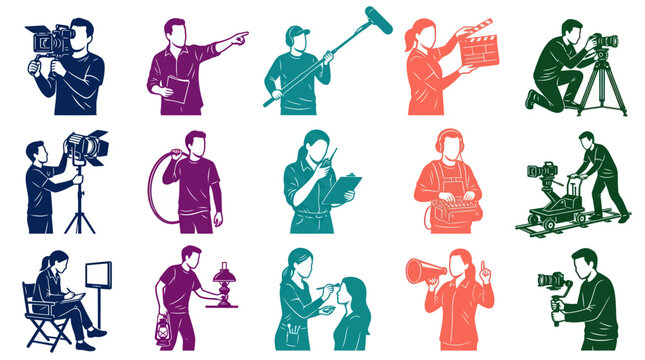 Cinema and Film Industry Professionals Glyph Style Vector Icons Set