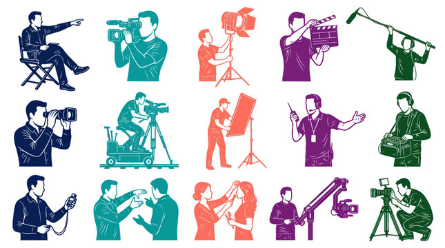Film Production Crew and Equipment Monochrome Illustration Icon Set