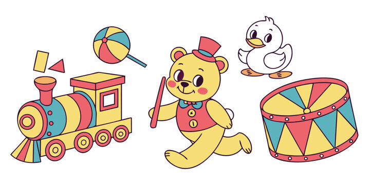 Retro toy collection featuring circus bear train and drum