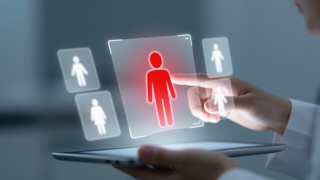 Virtual Candidate Selection: A person using a digital tablet selects a highlighted candidate from a futuristic interface, symbolizing the modern recruitment process and human resources technology.