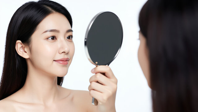 Reflection of Beauty: A young woman with flawless skin gazes into a handheld mirror, admiring her reflection, embodying self-care and natural beauty.