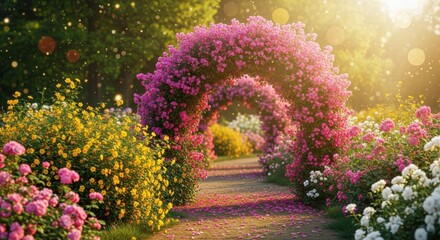 Obraz premium Enchanting Garden Path with Pink Rose Archway in Warm Sunlight.