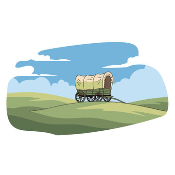 Covered Wagon on Green Rolling Hills, Vintage Travel Illustration