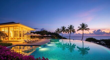 Fototapeta premium Luxury infinity pool at tropical resort during sunset.