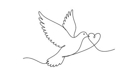 One continuous line drawing of a flying dove carrying a heart symbol with continuous, minimalist © Line Lab