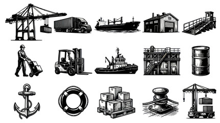 Obraz premium Vintage Black White Line Art Shipping Logistics Port Cargo Icons Collection