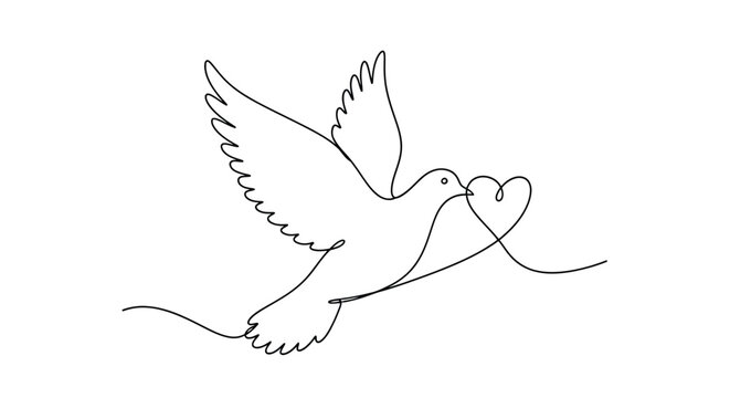One continuous line drawing of a flying dove carrying a heart symbol with continuous, minimalist