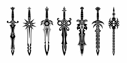 Fototapeta premium seven fantasy sword designs as vector silhouettes on white background