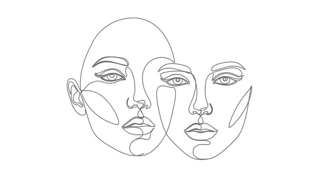 Continuous line drawing of two woman faces looking forward with continuous minimalist portrait