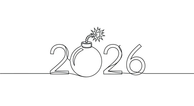 Explosive bomb icon integrated with the year 2026 in continuous line style explosion continuous