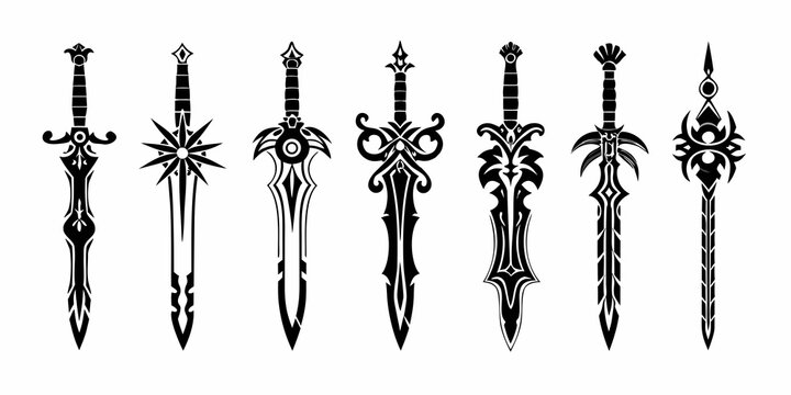 seven fantasy sword designs as vector silhouettes on white background