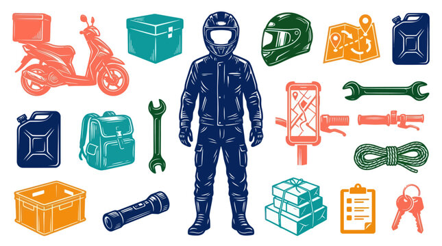Motorcycle Transportation and Delivery Service Icons Set in Vintage Engraving Style