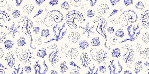 seamless vector pattern with seashells seahorses and marine life © Rohan