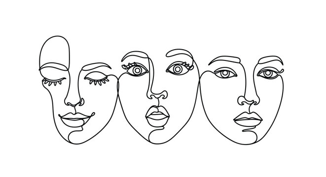Abstract line art faces of three women in profile and front view with the artwork blends abstract