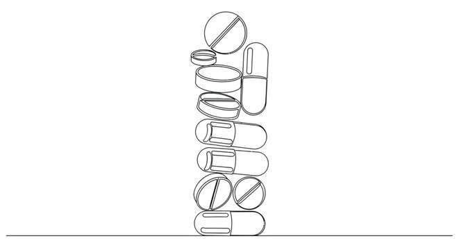 Stack of pills and capsules drawn with continuous line art single line black and white
