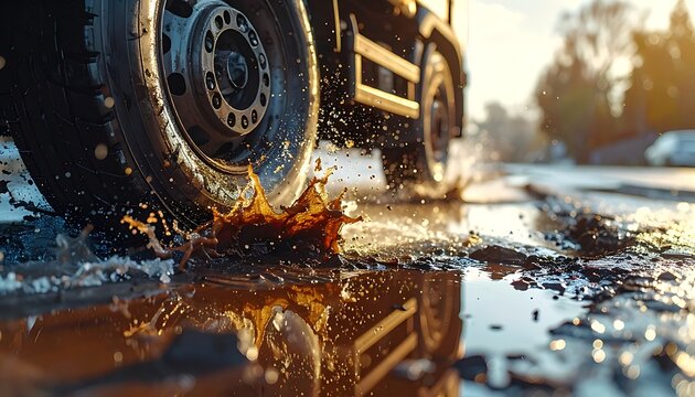 Truck tire splashing through puddle water.