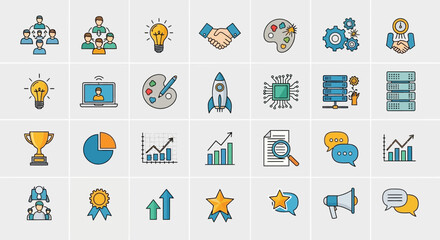 Obraz premium Business and Technology Icons Set: Innovation, Teamwork, Data Analysis, Success, and Communication